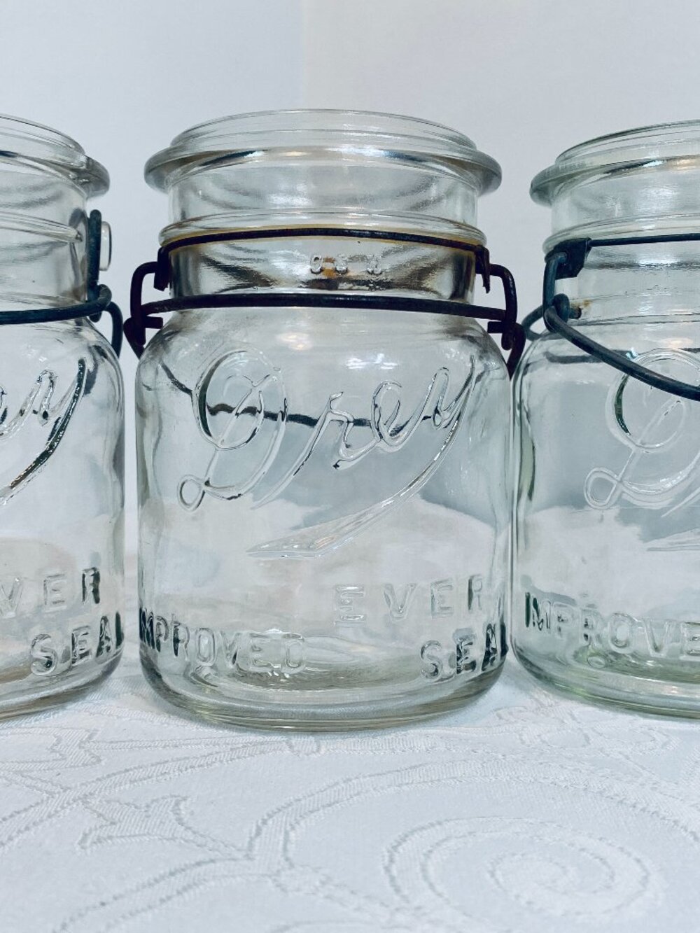 (3) VNTG DREY WIRE BAIL IMPROVED EVER SEAL CLEAR PINT JARS GUC